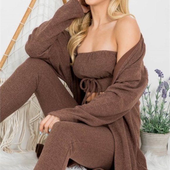 MODA ME COUTURE Sweaters - 3 piece set BROWN TOP, CARDIGAN, & LEGGINGS SET